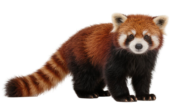 Red panda with bushy striped tail and white face markings