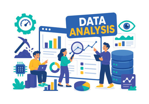 Data Analytics Processing Data Analytics Processing Banner with 3 expressive stylized human characters analyzing an oversized analytics dashboard beside a giant database cylinder, with optimization