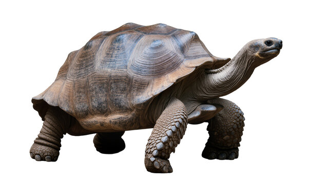 Giant tortoise with textured shell and scaly legs walking