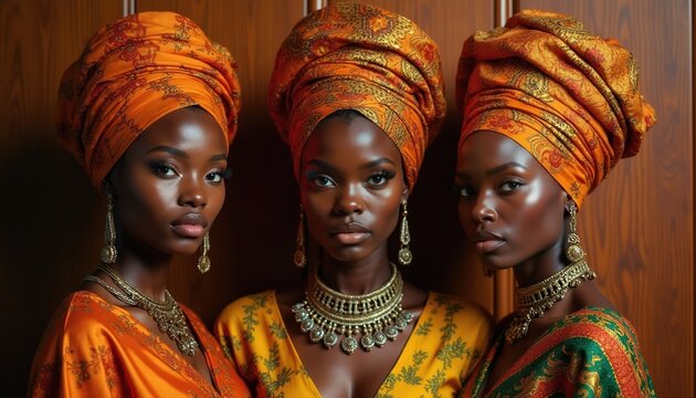 Three African women wear ornate headscarves, traditional gold jewelry. Their vibrant orange, yellow attire signifies rich cultural heritage, modern fashion sense. They present unified, elegant look.