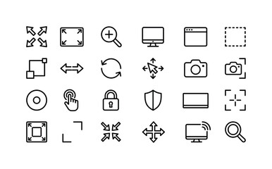 Fototapeta premium Screen Glyph Controls. Line icon set of screen glyph interface: expand arrows, fullscreen box, zoom icon, display monitor, window frame, area selection, resize handle, stretch arrows, rotate screen,