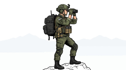 A soldier in green military uniform and gear stands on a rocky outcrop, looking through binoculars with a mountain range in the background. © ahmad
