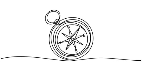 Travel compass continuous one line drawing, minimalist line art vector illustration, Magnetic compass continuous one line drawing. Land, sea, navigation, geography compass single line art illustration © Sahor