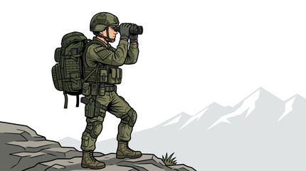 A soldier in green uniform and helmet stands on a rocky outcrop, using binoculars to survey a mountainous landscape with snow-capped peaks in the background. © ahmad