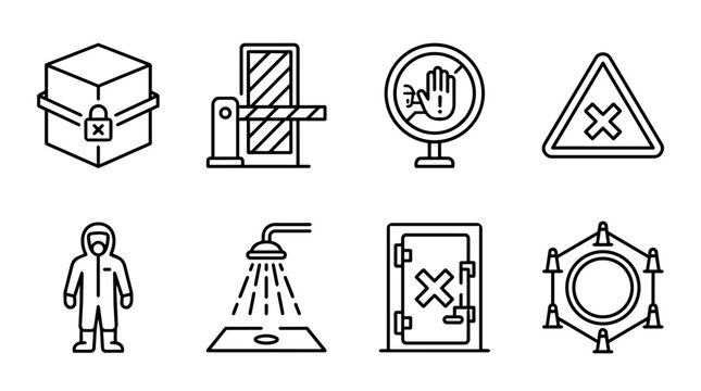 Set of thin line icons representing quarantine, restricted access, biohazard, hazmat suit, and decontamination shower