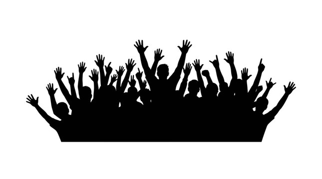 Silhouette of people raising hands up.