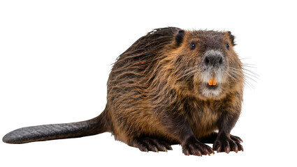 Fototapeta premium Brown beaver with large orange incisors and flat tail