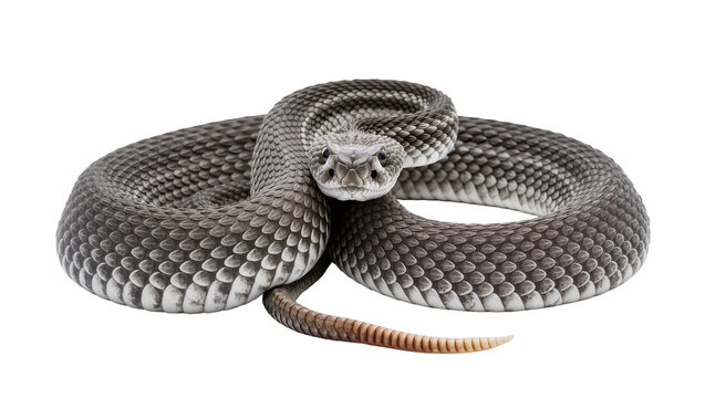 Rattlesnake coiled with detailed scales and patterned tail