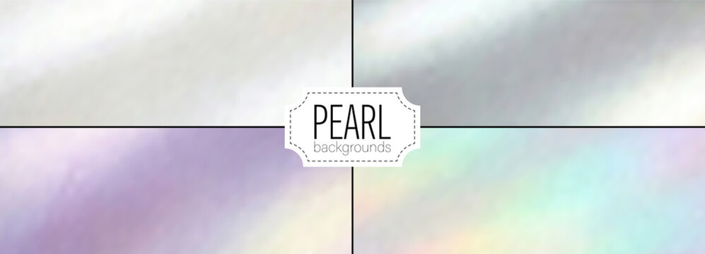 Set of holographic nacre backgrounds with flowing aurora gradient waves, watercolor pearl texture, abstract pastel bg in soft neutral tones. Horizontal vector illustration for minimal design