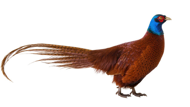 Male Ring-necked Pheasant bird with blue head and long tail feathers
