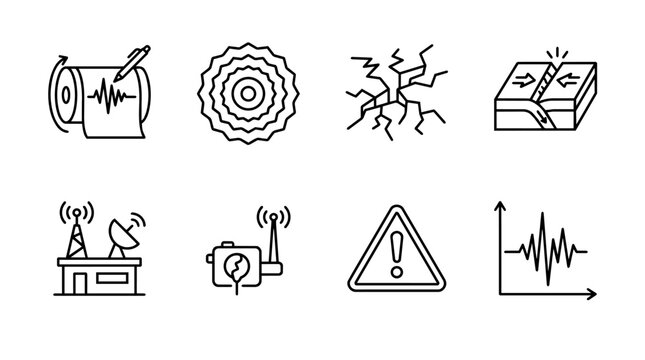 Earthquake and seismology line icons set displaying seismic activity, ground cracks, tectonic plates, and warning signs