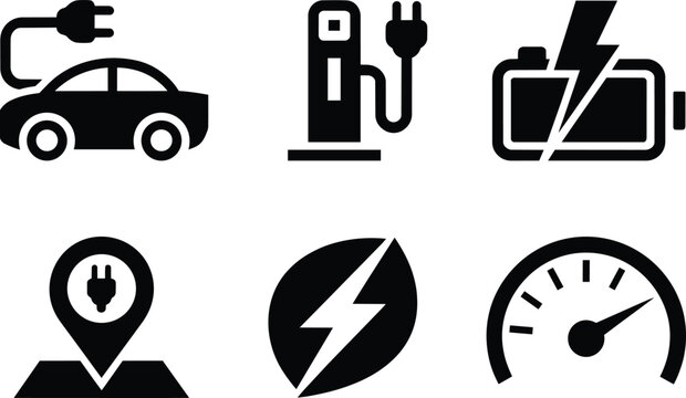 Electric car charging station, battery, lightning bolt, and speed meter icons set and gas in outline and solid styles