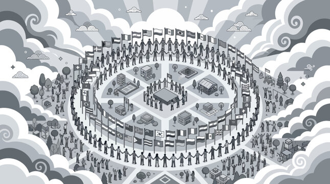 Global Unity: Diverse People Holding Hands in Circle Around World Flags, Community and Cooperation Concept