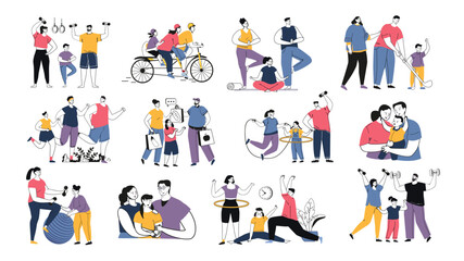 Fototapeta premium Healthy family lifestyle concept set in flat design. Parents and children exercising, cycling, running, playing sports, shopping healthy food and spending active time together. Vector illustrations.