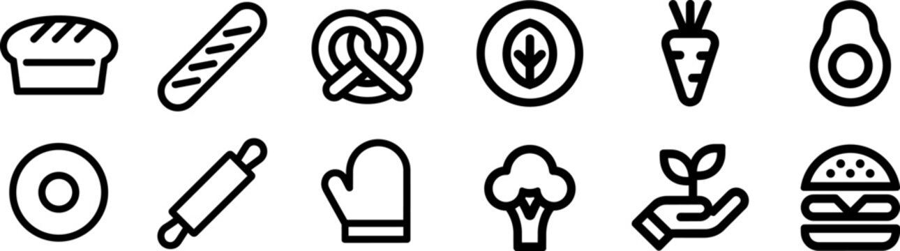Food and kitchen icons set with bread, fruits, vegetables, and cooking utensils and rolling pin, user interface, and app icon in outline style