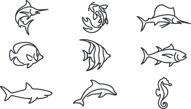 Outline Marine Fish Icon Set with Marlin, Sailfish, Shark, Dolphin, Seahorse, and Tropical Fish for Nature and Ocean Design