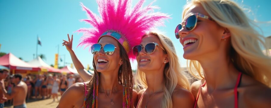 Three smiling young women with sunglasses enjoy sunny day at outdoor festival. One wears bright pink feather headdress. People dance and relax in background tents.