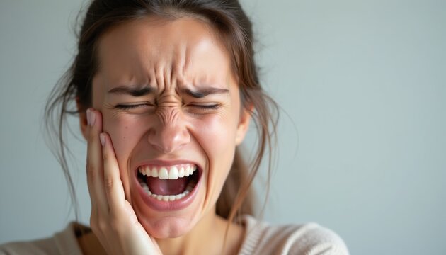 Young woman grimaces in pain holding her cheek. Sharp ache on face, mouth open wide. Dental issue, toothache, or sinus problem. Medical emergency.