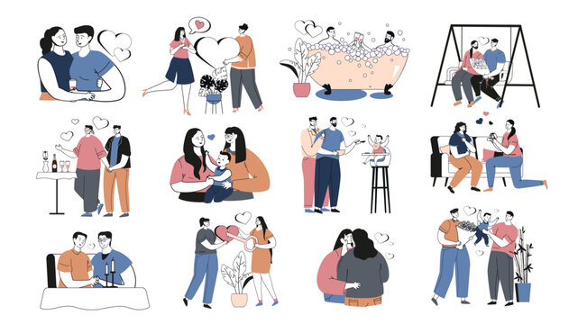 LGBTQ relationships concept set in flat design. Same sex couples spending time together, dating, proposing marriage, raising child, expressing love, celebrating family values. Vector illustrations.