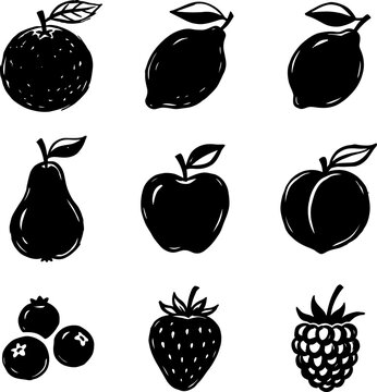 Set of simple black fruit illustrations for creative design projects displaying diverse fresh healthy produce items silhouette style vector artwork on transparent background.