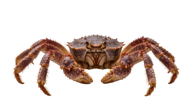 Spiky brown crab with long legs on white