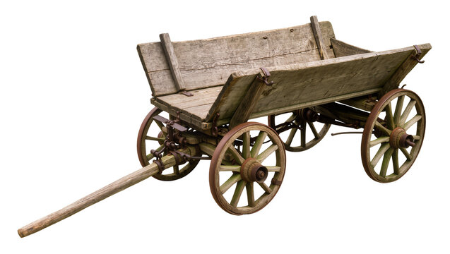 Old wooden cart with four spoked wheels and long drawbar