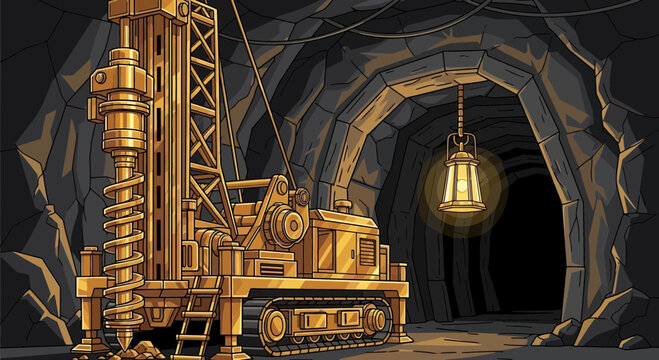 Gold mining drill machine inside a dark cave with a hanging lantern.