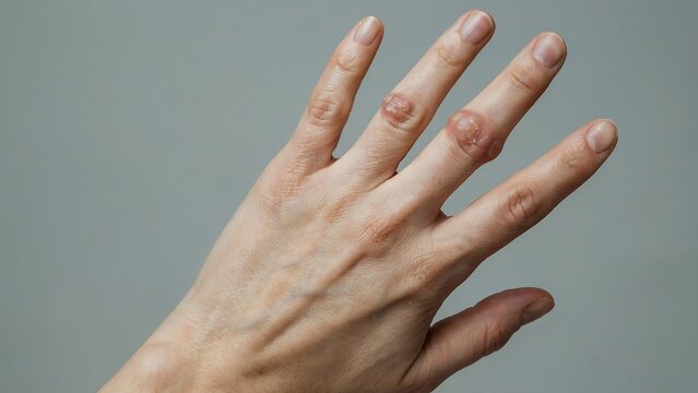 Hand with painful looking knuckle skin conditions and dry cuticles