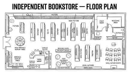 Independent bookstore floor plan vector, retail shop architectural layout with bookshelves and cafe, library interior blueprint for business planning © 3DStockX