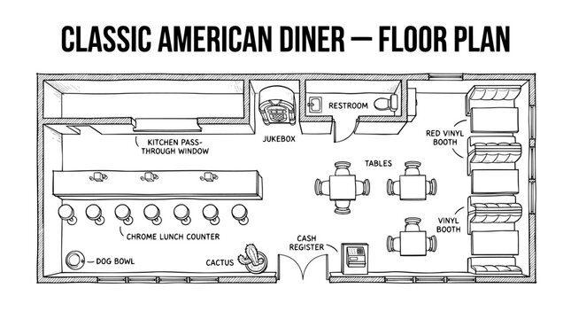 Classic American diner floor plan, vintage restaurant layout vector, retro cafe interior blueprint with lunch counter and booths