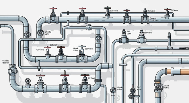 Illustration of many interconnected pipes with valves against a white background.