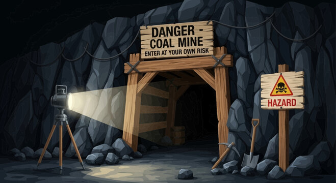 Entrance to a coal mine with warning signs and a light on a tripod.