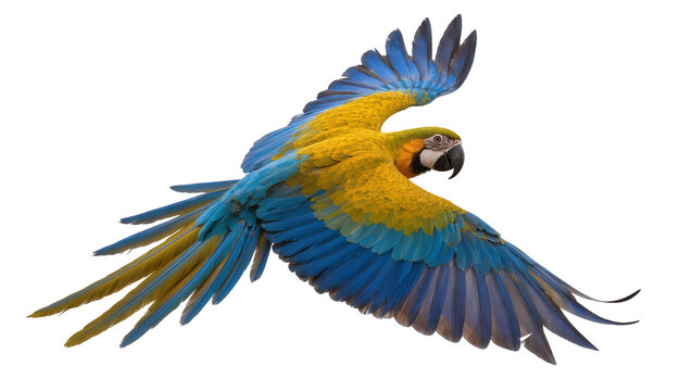 Blue and yellow macaw parrot flying with wings spread