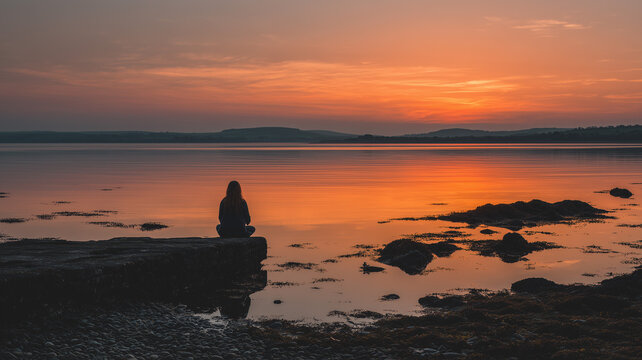 A solitary figure sits in a meditative pose on a stone bank, facing away from the viewer towards a vibrant sunset over a wide expanse of water. the sky is a gradient of soft oranges. Ai generated