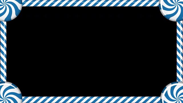 Rectangle candy cane frame animation with blue and white striped lollipop pattern. Perfect for holiday decoration. Winter holidays theme. 4K animation. Transparent background with alpha channel