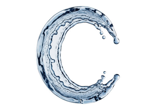 Letter c formed by a dynamic splash of clear liquid water droplets isolated on a transparent background