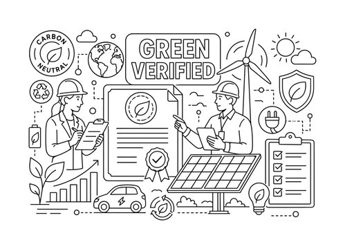 Sustainable Energy Certification. Clean outline line art banner of sustainable energy certification: two eco auditors beside an oversized renewable energy certificate and a giant solar panel with wind