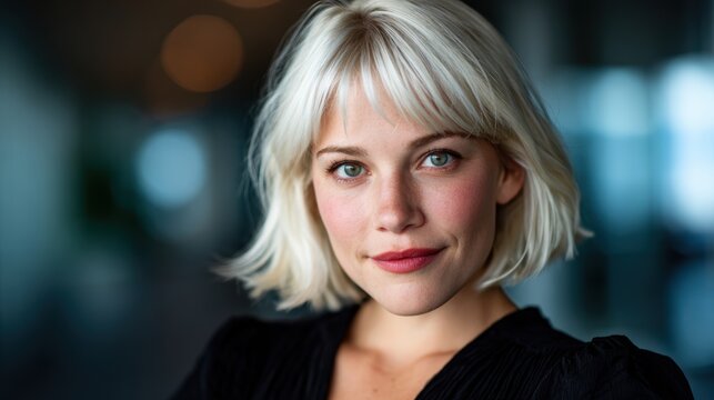 A close-up portrait of a confident young woman with blonde short hair, radiating elegance and strength in a modern interior setting, showcasing beauty and self-assurance.