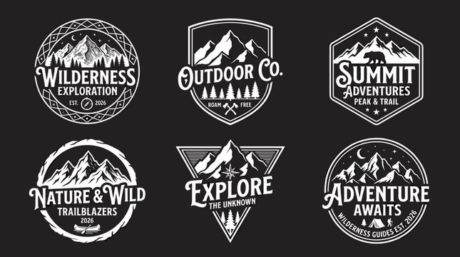 A premium collection of six vintage-style mountain and outdoor adventure logo badges isolated on a dark charcoal background.