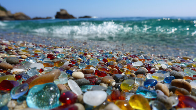 A vibrant beach scene captured from a low perspective, showcasing a rich array of small, rounded pebbles and polished sea glass. the sea glass pieces gleam in shades of bright blue. Ai generated