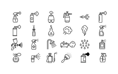 Obraz premium Spray Mist Devices. Line icon set of spray steam and aerosol tools: spray bottle, aerosol can, paint spray gun, perfume atomizer, deodorant can, nasal spray, antiseptic sprayer, water mist nozzle,