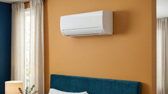 Modern white split air conditioning unit on an orange wall. AC system installed in a bedroom above a blue headboard. Home climate control and cooling concept