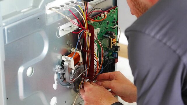 Technician replacing electronic control board inside disassembled electric oven during repair. Appliance maintenance and professional service concept