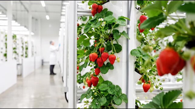 Strawberries are growing inside a greenhouse factory. Workers tend to the plants and check on their progress. The facility uses modern indoor farming methods to maximize yield