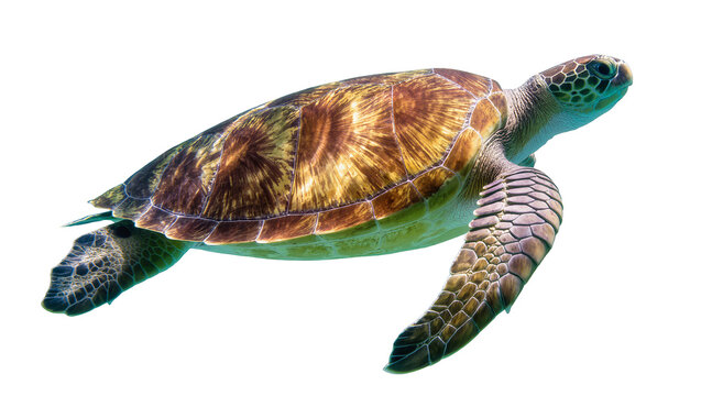 Green sea turtle swimming with patterned shell and flippers