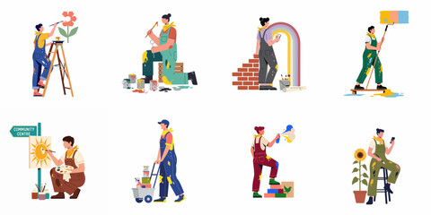 Fototapeta premium Vector Illustration of Diverse People Painting Murals and Creating Art for a Community Project, Isolated on White Background