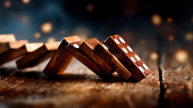 Close-up of wooden dominoes tipping over in a chain reaction, effectively illustrating the concept of cause and effect in a visually striking way.