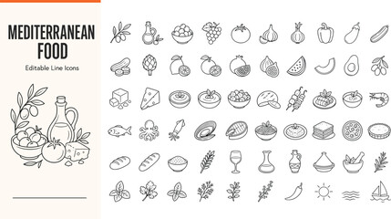 Obraz premium Mediterranean food line icons set featuring olive oil, vegetables, seafood, cheese, herbs, and traditional Greek and Italian cuisine ingredients