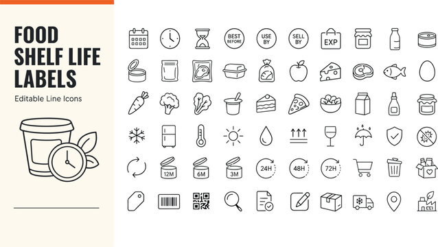 Food shelf life labels and expiration date line icons set. Vector outline symbols for product packaging, freshness, storage instructions, and food safety