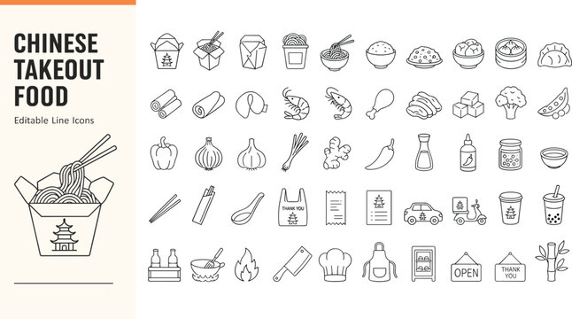 Chinese takeout food line icons set featuring noodles, dumplings, fortune cookies, wok cooking, and delivery symbols in a clean outline vector style